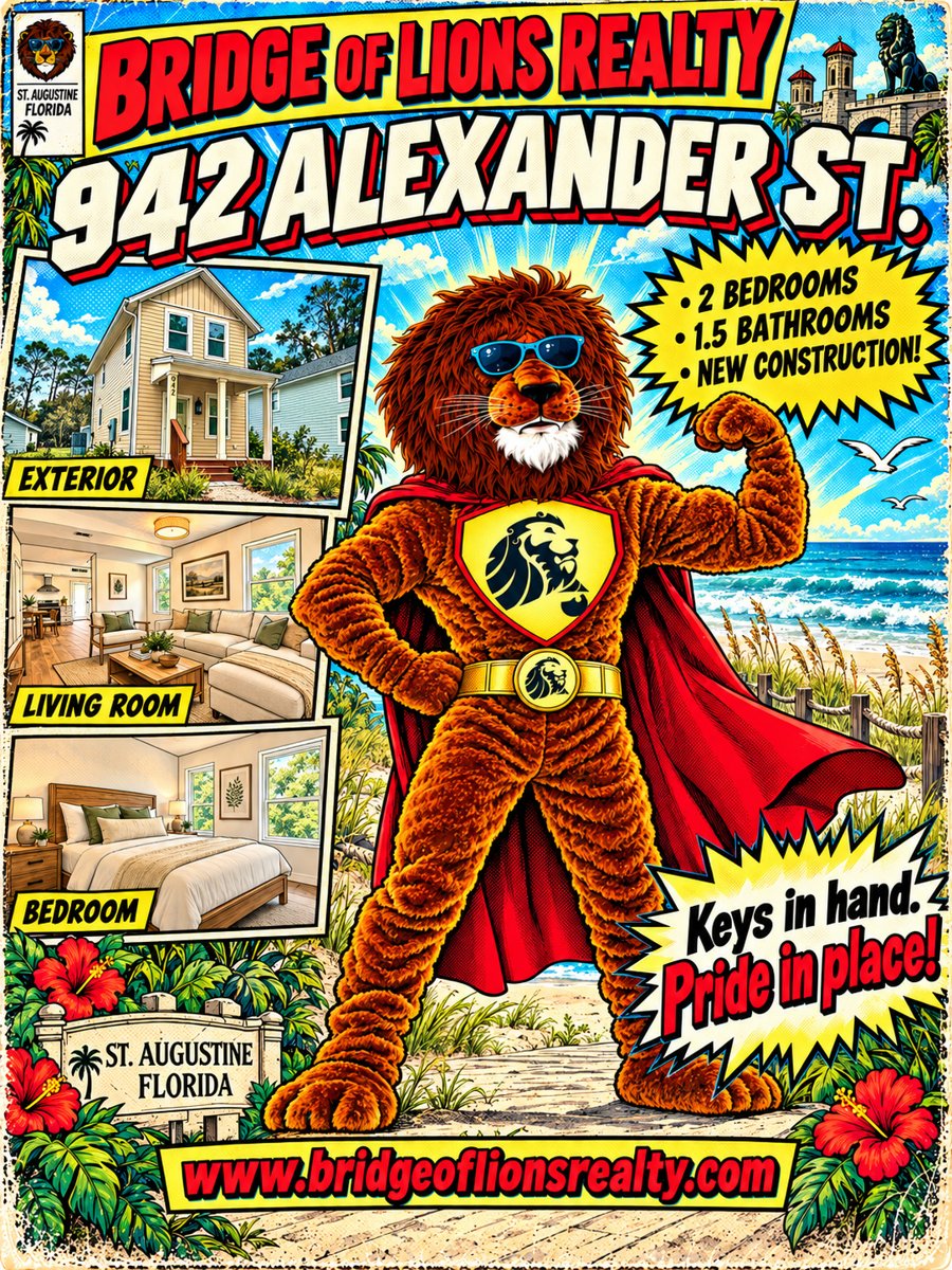 Bridge of Lions Realty flyer for 942 Alexander St., new construction with 2 bedrooms and 1.5 bathrooms in St. Augustine, FL