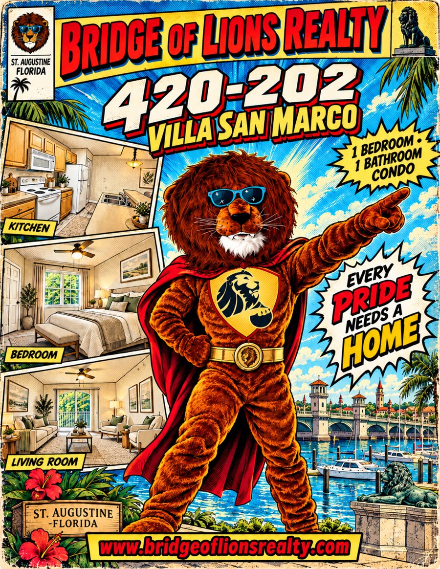 Bridge of Lions Realty flyer for 420-202 Villa San Marco, a 1 bedroom, 1 bathroom condo in St. Augustine, FL